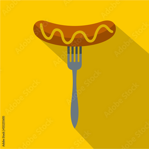 Grilled sausage on a fork icon, flat style