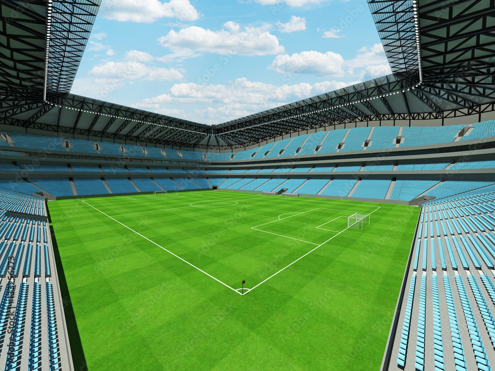 Fototapeta premium 3D render of a large capacity soccer - football Stadium with an open roof and sky blue seats