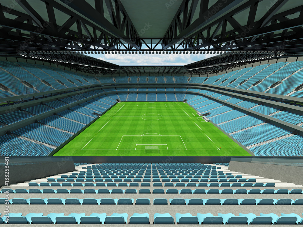 3D render of a large capacity soccer - football Stadium with an open roof and sky blue seats