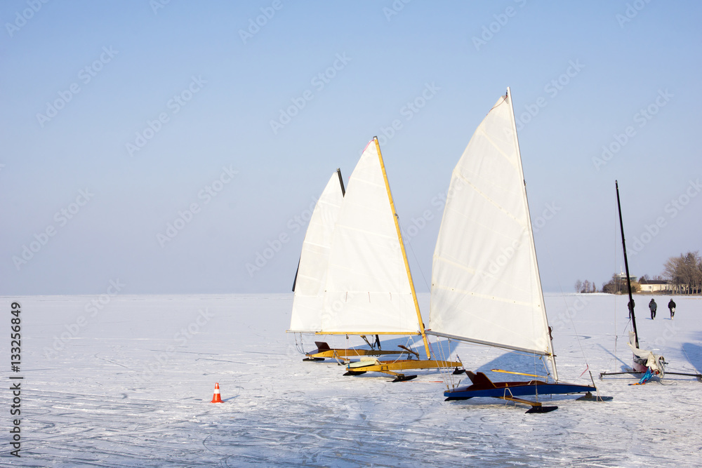 Ice sailing on Lake Balaton in Hungary during a very cold winter.