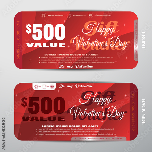Vector Happy Valentine's Day gift voucher on the red gradient background with stars, convex pattern.