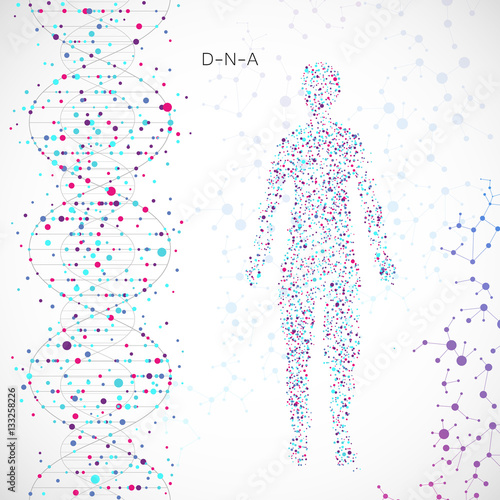 Abstract Silhouette of a man in the structure  DNA and the atomsbackground. Vector illustration. Beautiful   the spiral molecule