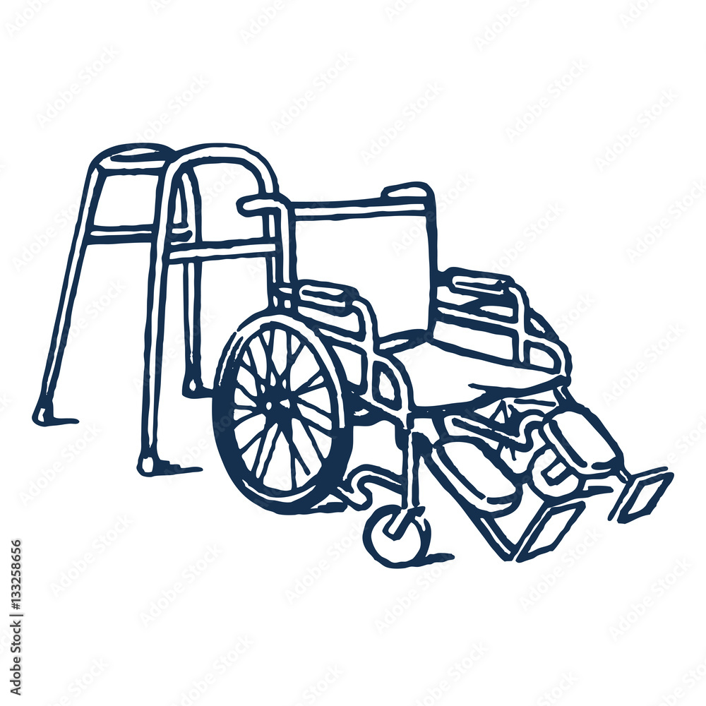 Line drawing of a metal walker and a wheel chair.
