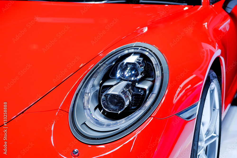 Closeup Headlight Red Car