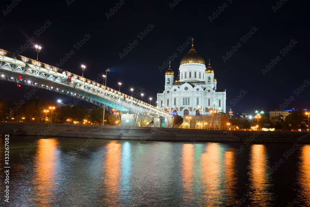 View of Christ the Savior and Patriarshy Bridge on September night. Moscow
