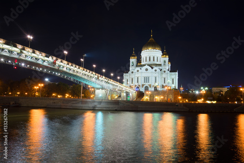View of Christ the Savior and Patriarshy Bridge on September night. Moscow