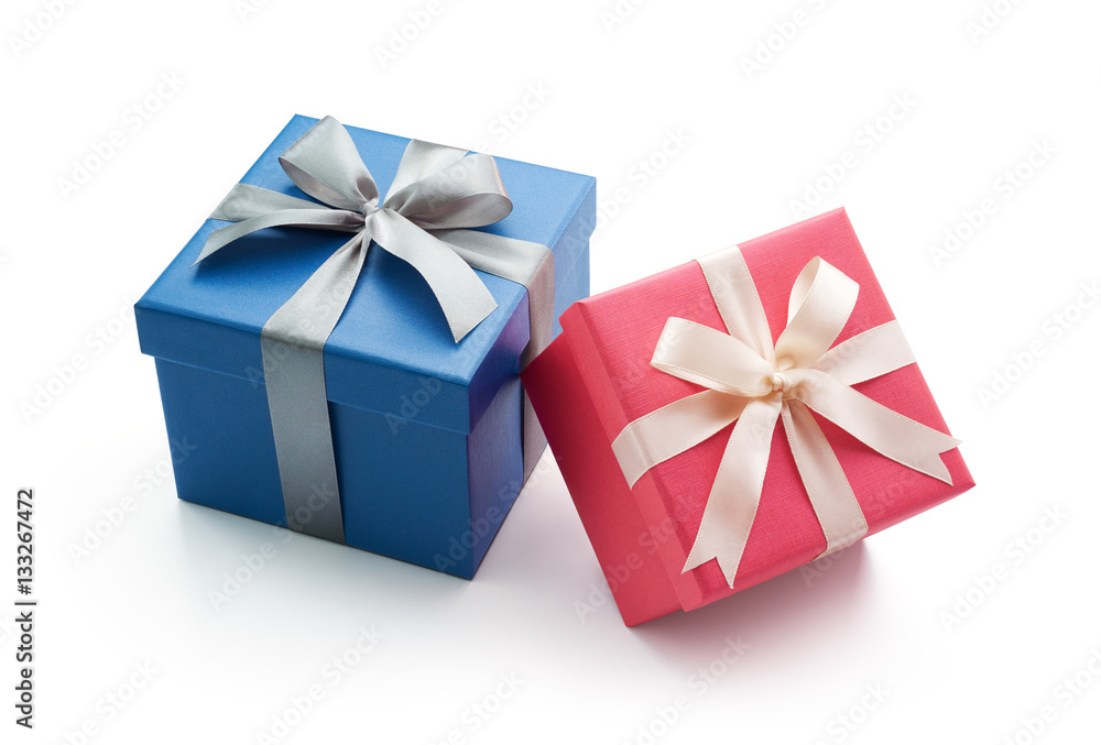 Obraz premium Blue and Pink Gift Box Isolated on White