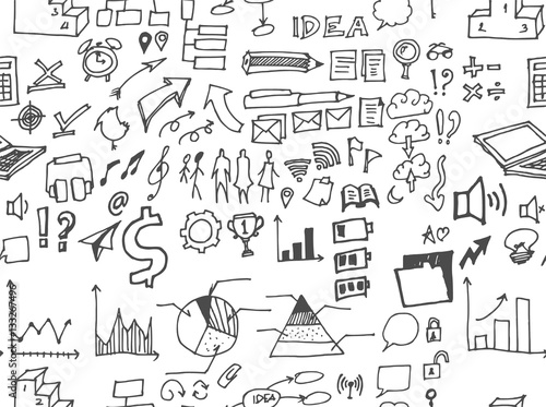 Hand drawn seamless doodle pattern with business symbols