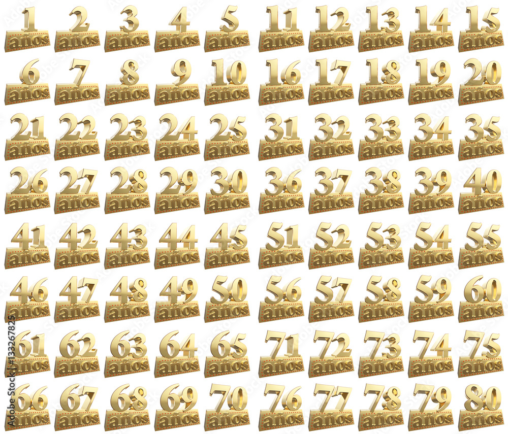 Set of golden digits on a gold ingot for the anniversary. Translation from Spanish - Years. 3d illustration Set of golden digits on a gold ingot for the anniversary. Translation from Spanish - Years. 3d illustration