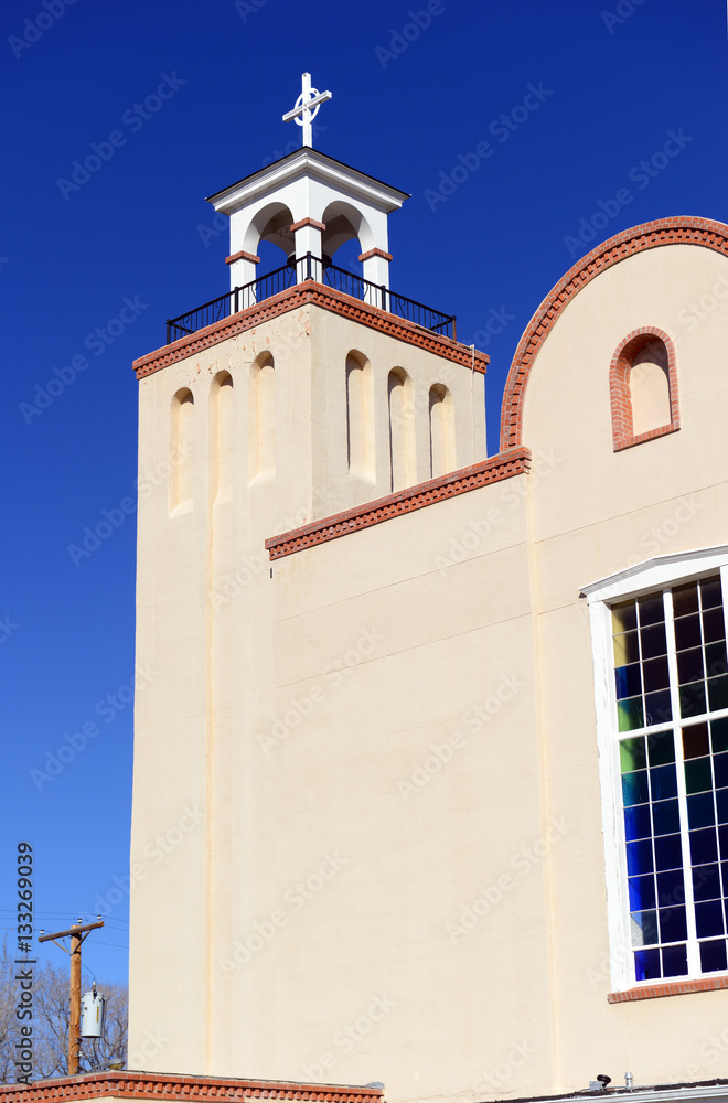 Church in Santa Fe, New Mexico, with blue sky, USA