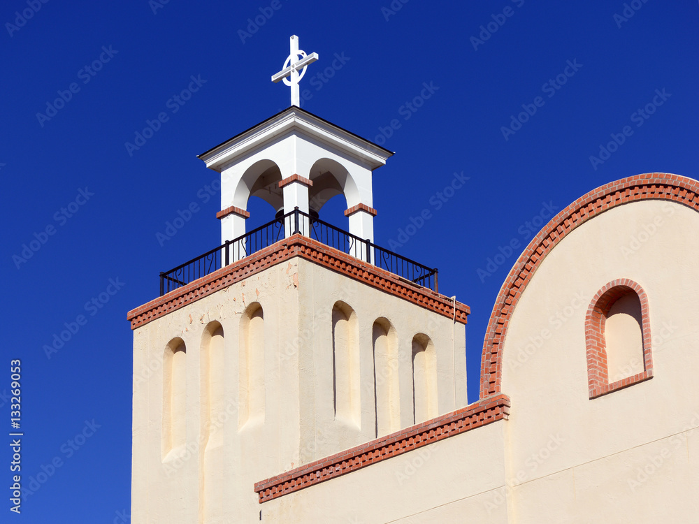 Church in Santa Fe, New Mexico, with blue sky, USA