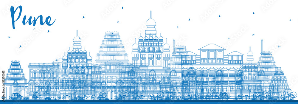 Outline Pune Skyline with Blue Buildings.