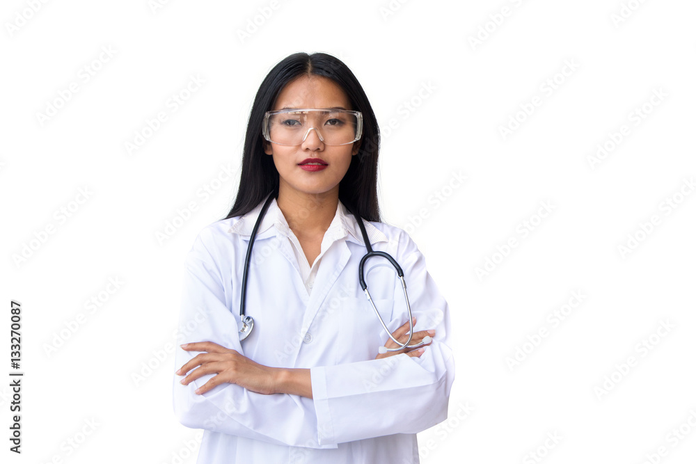 Doctor wearing protective glasses standing with arms crossed ,ca Doctor wearing protective glasses standing with arms crossed ,ca