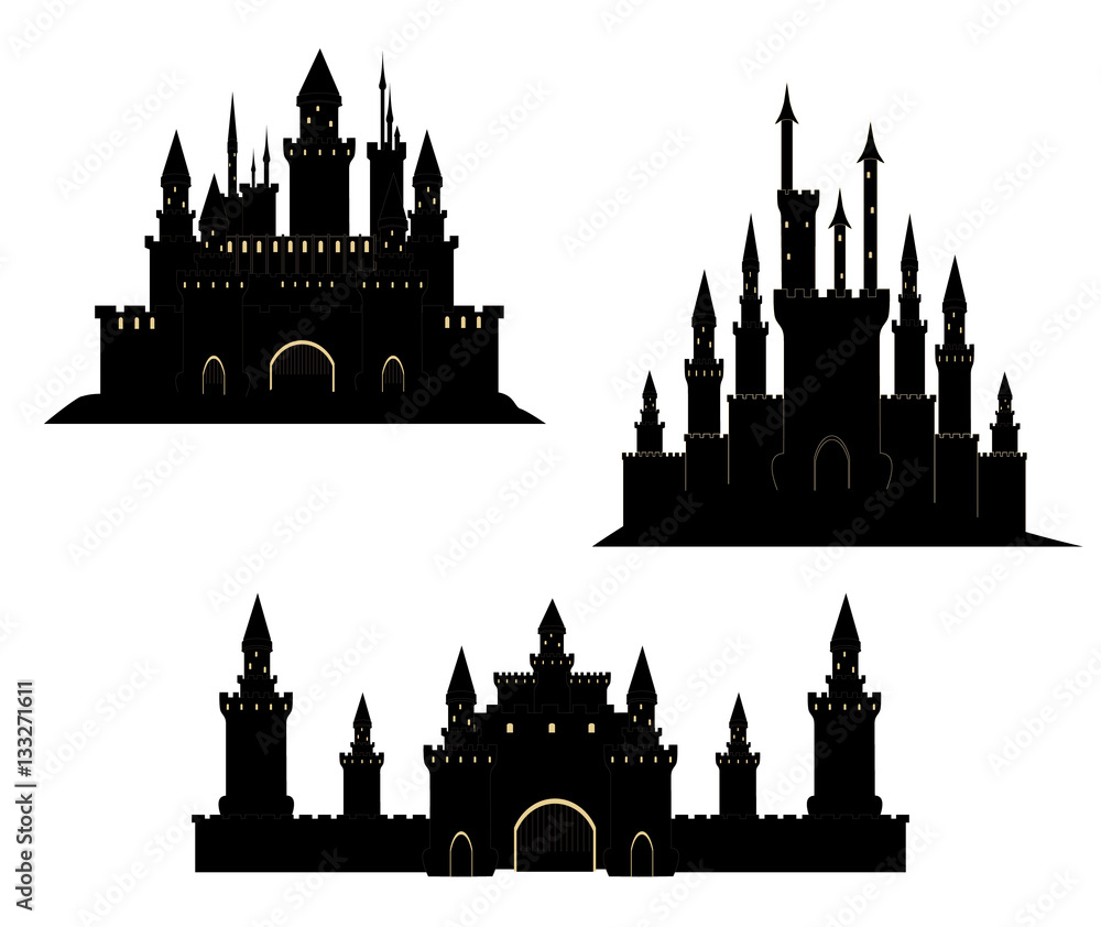 Vector set with hand drawn castles on white background, medieval castles icons