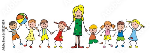 teacher and children, kindergarten, vector icon