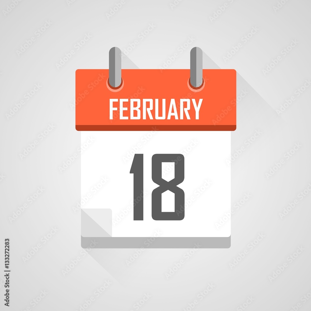 February 18, calendar icon with flat design on grey background. February 18, calendar icon with flat design on grey background.