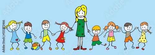 teacher and children, kindergarten, blue background,vector illustration