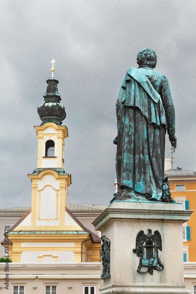 Monument to Mozart and Salzburg Cathedral