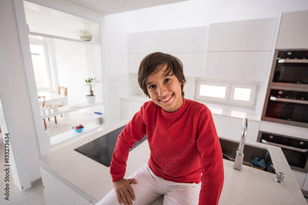 Child inside interior of modern home Child inside interior of modern home