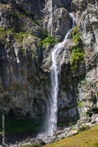 Casset waterfall in the Valgaudemar Valley in summer. Ecrins National Park, Hautes Alpes, France