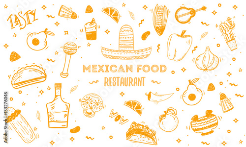 Mexican food sketch menu template. Vector vintageillustration for , poster on white background. with place  text