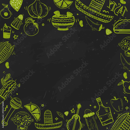 Mexican food banner. Vector vintage illustration for menu, poster on dark background. with place  text
