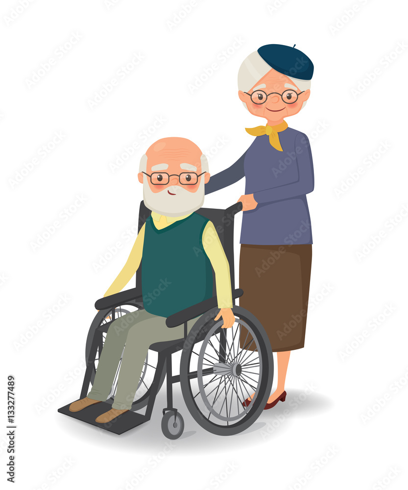 Elderly woman strolling with disabled elderly man