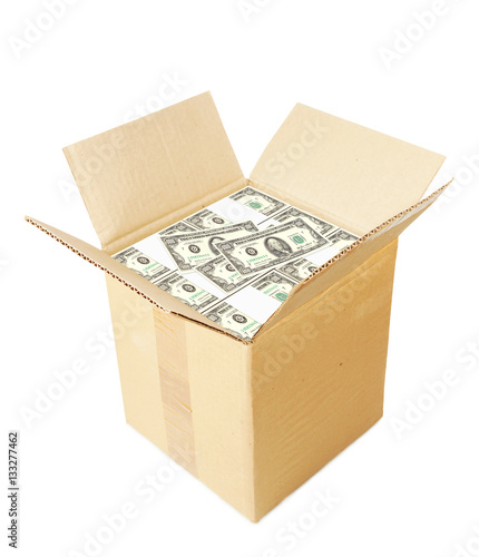Fotografija Cardboard box full of money isolated over white background