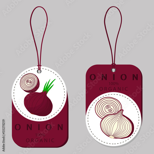 Abstract vector illustration logo for whole ripe vegetables round onion,with green stem,cut sliced.Onion drawing consisting of tag label bow,peel fruits,pip ripe sweet food.Eat fresh onions health.
