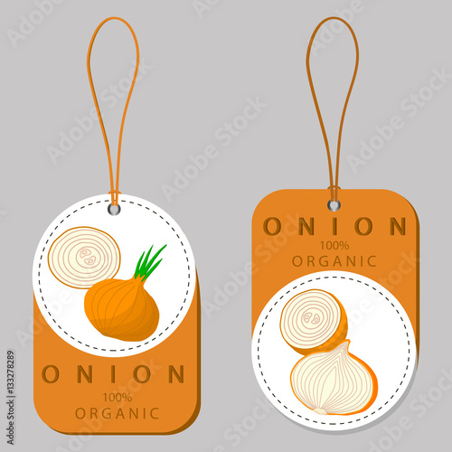 Abstract vector illustration logo for whole ripe vegetables round onion,with green stem,cut sliced.Onion drawing consisting of tag label bow,peel fruits,pip ripe sweet food.Eat fresh onions health.