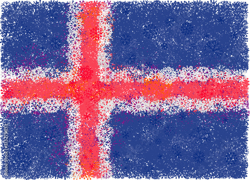 Flag of Iceland with snowflakes. Winter background