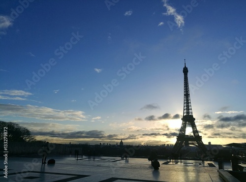 PARIS, FRANCE - JANUARY 13, 2017 : sunrise on Place du Trocadero with Eiffel tower on background.