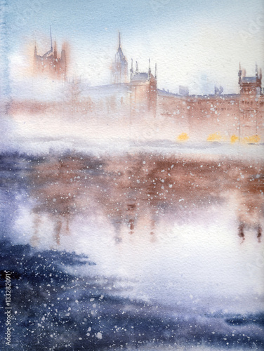 Handwork watercolor illustration. London.Winter landscape.