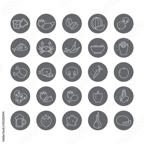 Set of round icons with different food (Seafood, vegetables, fruits, mushrooms).