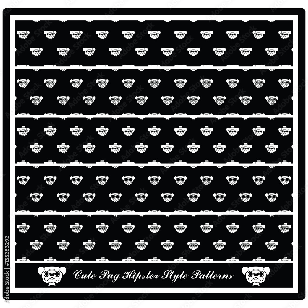 Set of Seamless Vector Patterns with Funny Pug in Hipster Style for Background and Decoration, Black and White Color