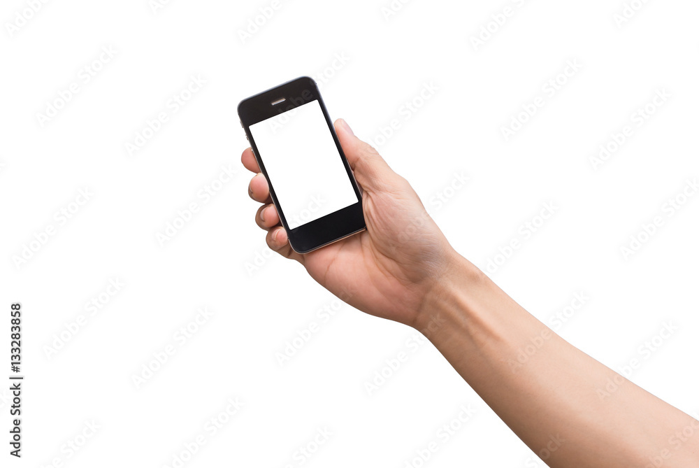 hand holding black phone isolated on white .. hand holding black phone isolated on white ..
