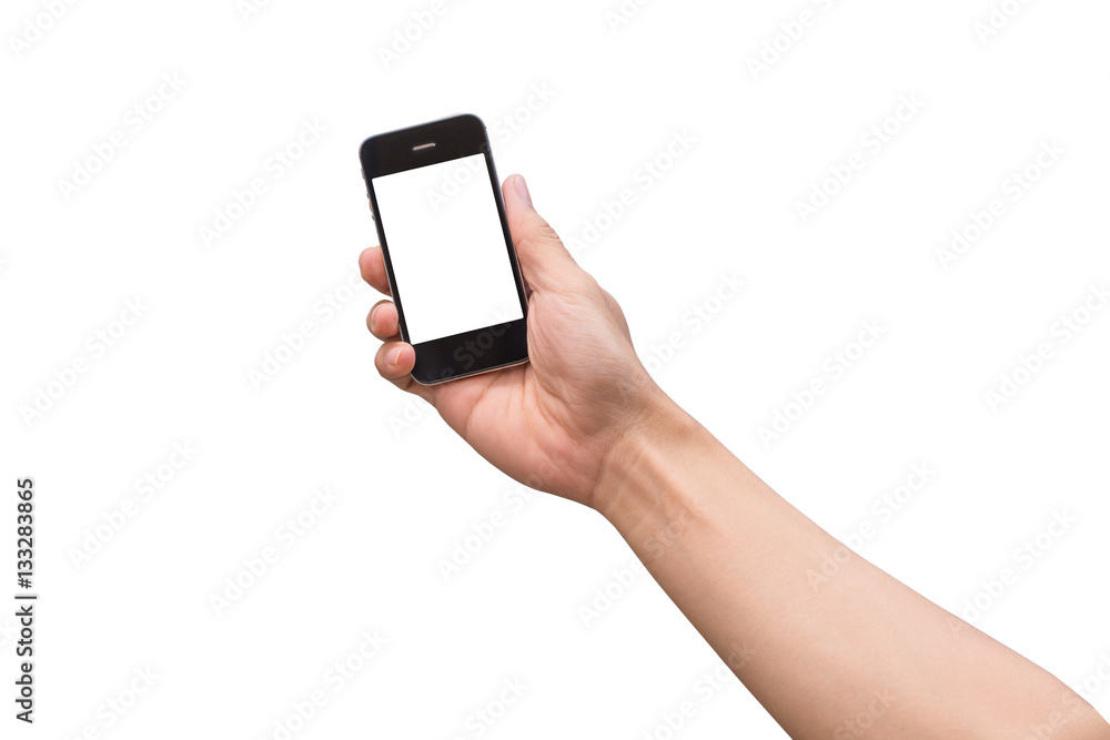 hand holding black phone isolated on white .. hand holding black phone isolated on white ..