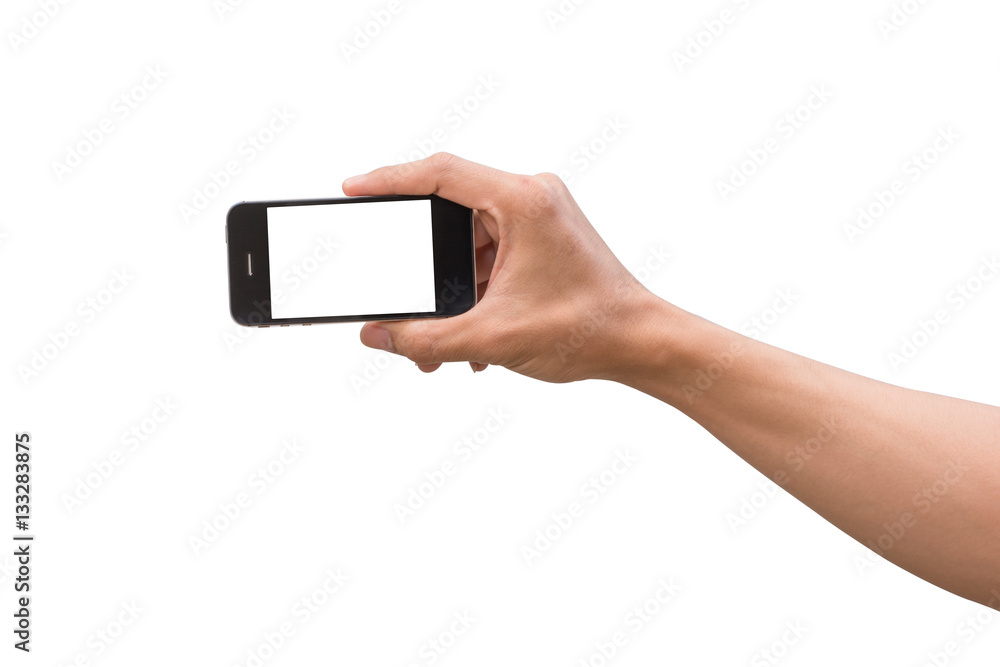 hand holding black phone isolated on white .. hand holding black phone isolated on white ..