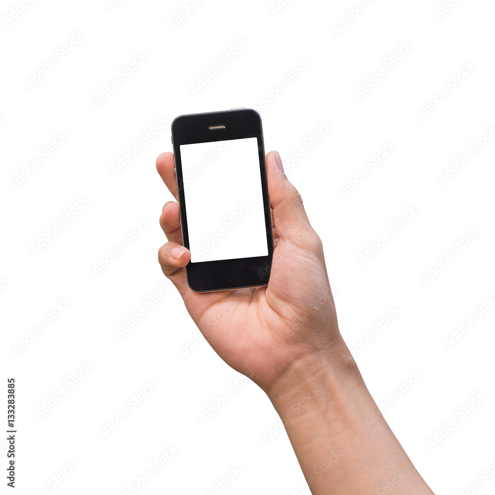 hand holding black phone isolated on white .. hand holding black phone isolated on white ..