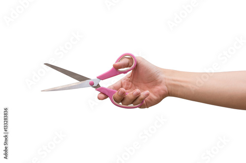 man hand holding scissors isolates on white background