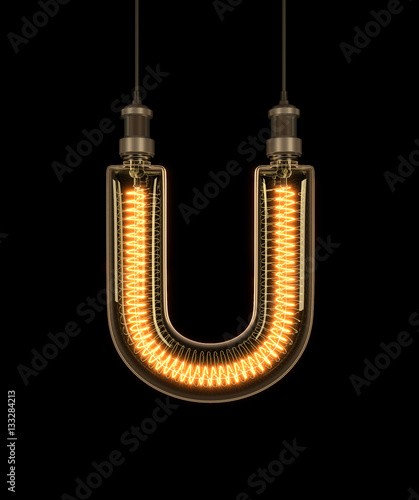 Alphabet U made of light bulb. 3D illustration photo