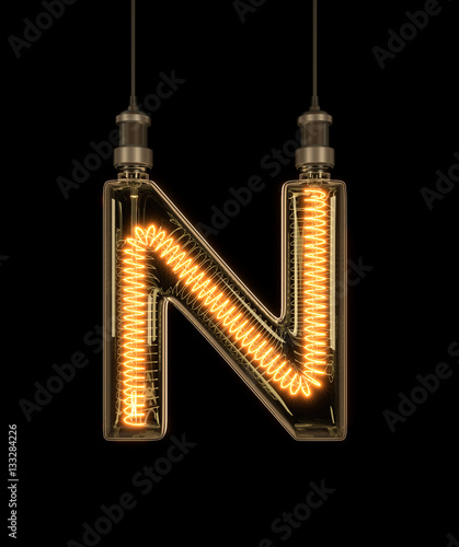 Alphabet N made of light bulb. 3D illustration photo