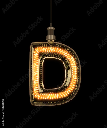 Alphabet D made of light bulb. 3D illustration