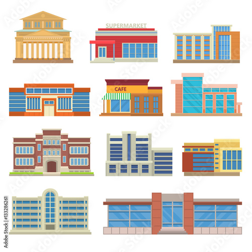 Commercial buildings architecture flat vector.