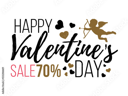 Happy Valentines Day Card with hearts, angel and arrow. Sale and Clearance. Flat Isolated vector illustration. photo