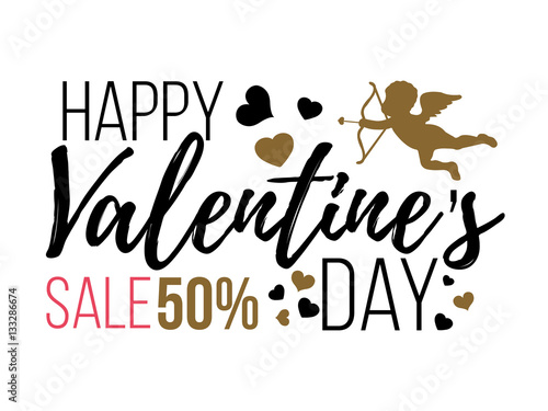 Happy Valentines Day Card with hearts, angel and arrow. Sale and Clearance. Flat Isolated vector illustration. photo