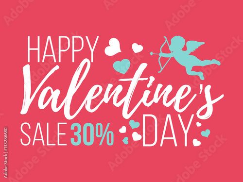 Happy Valentines Day Card with hearts, angel and arrow. Sale and Clearance. Flat Isolated vector illustration. photo