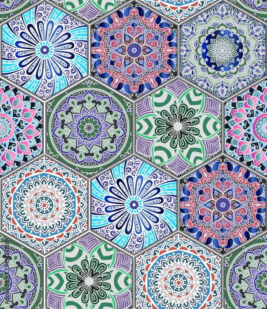 Oriental seamless pattern in style of colorful floral patchwork boho chic with mandala in hexagon elements