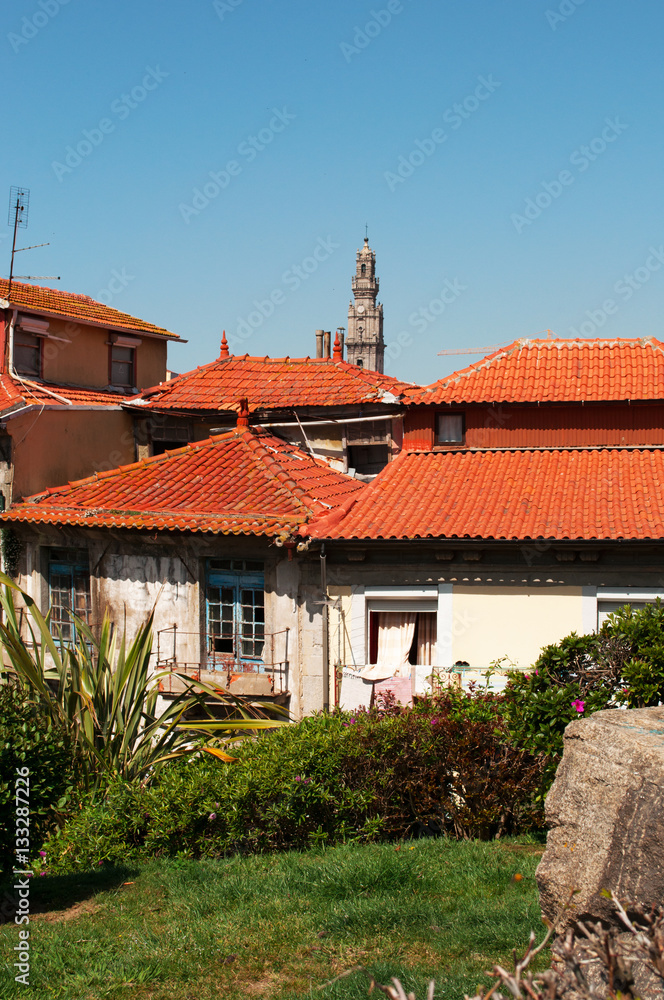Porto, 27/03/2012: tetti rossi della città vecchia con vista della Torre dos Clerigos, la Torre dei Chierici, una torre di pietra in stile barocco costruita tra il 1754 e il 1763