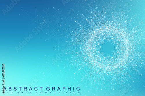 Fractal element with connected lines and dots. Big data complex. Virtual background communication or particle compounds. Digital data visualization, minimal array. Lines plexus. Vector illustration.